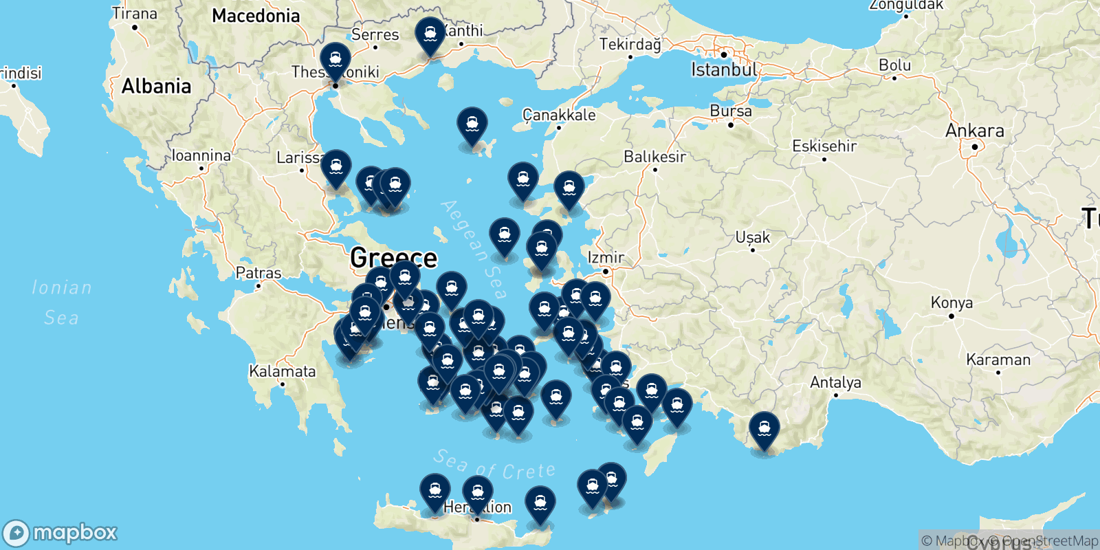 Mapa de los destinos Blue Star Ferries