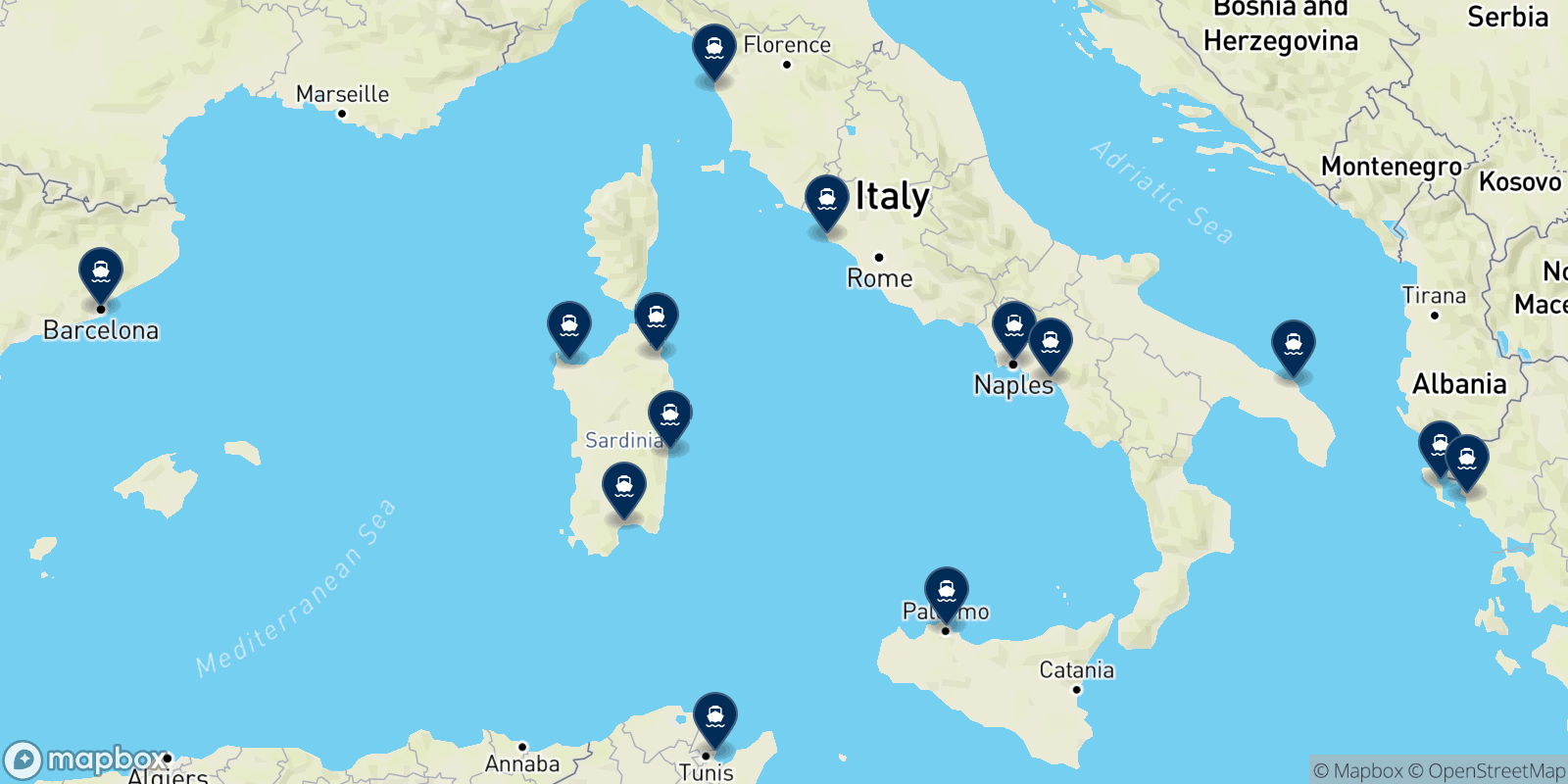 Mapa de los destinos Grimaldi Lines