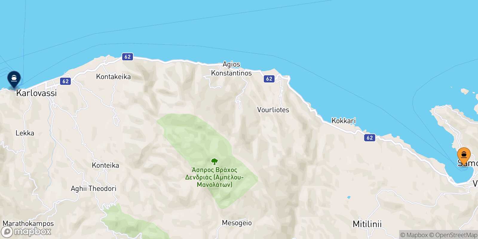 Mapa de la ruta Vathi (Samos) Karlovassi (Samos)