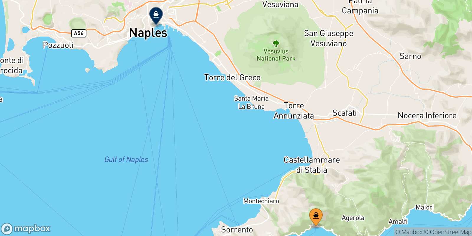 Mapa de la ruta Positano Nápoles Beverello