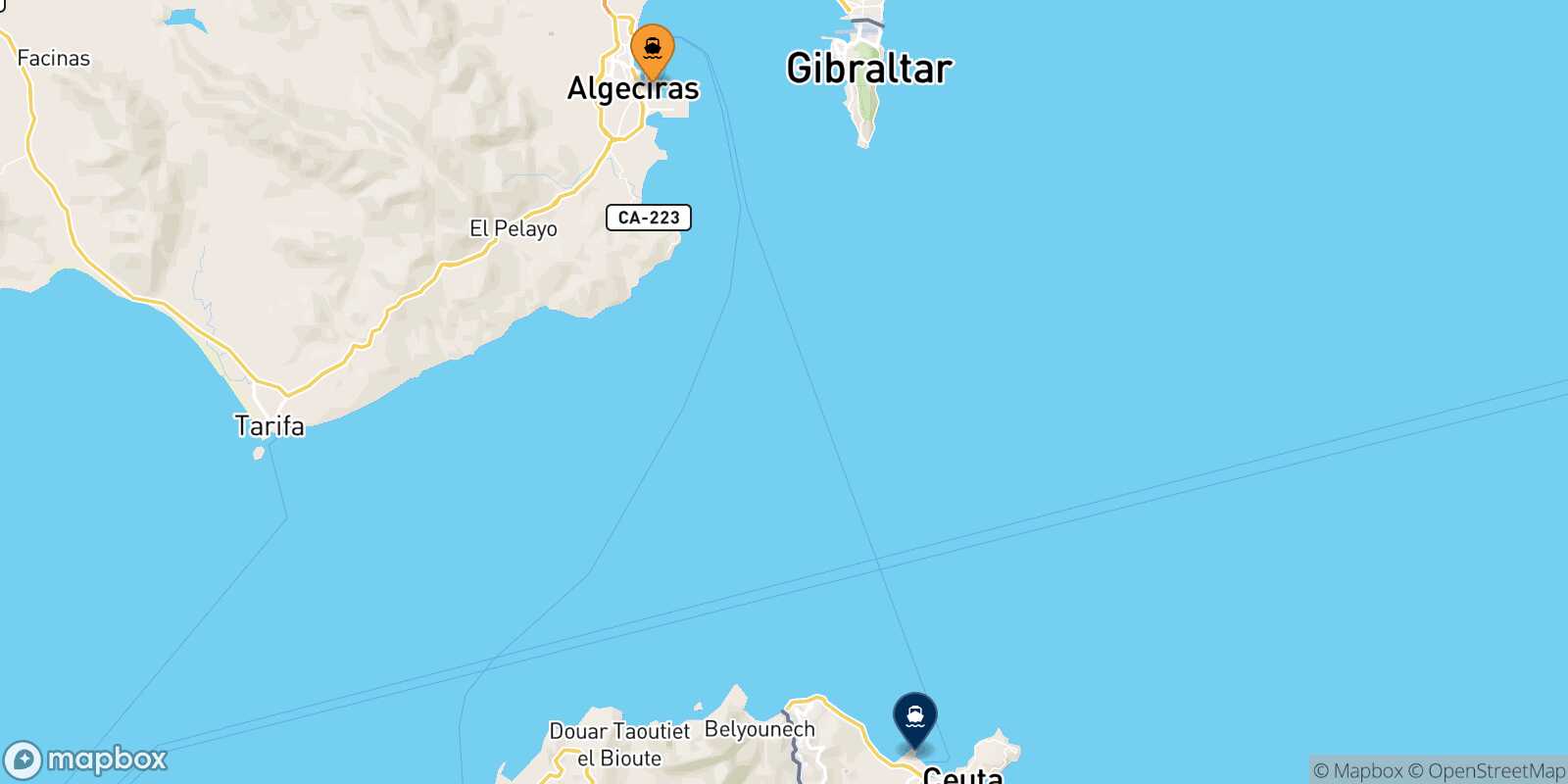 Mapa de los destinos alcanzables de Algeciras