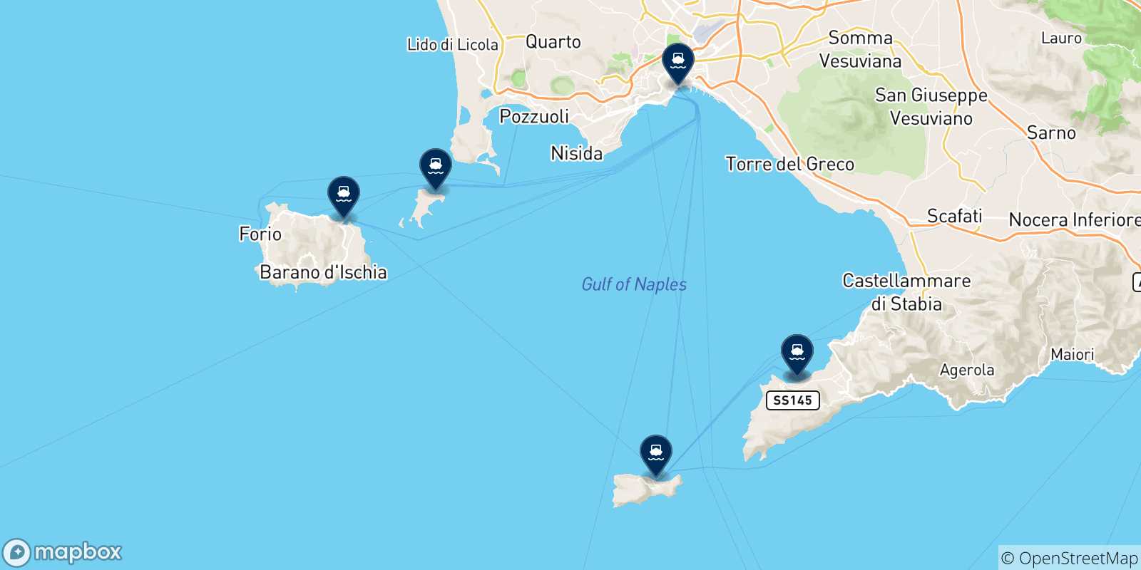 Mapa de las posibles rutas entre Sorrento y  Italia