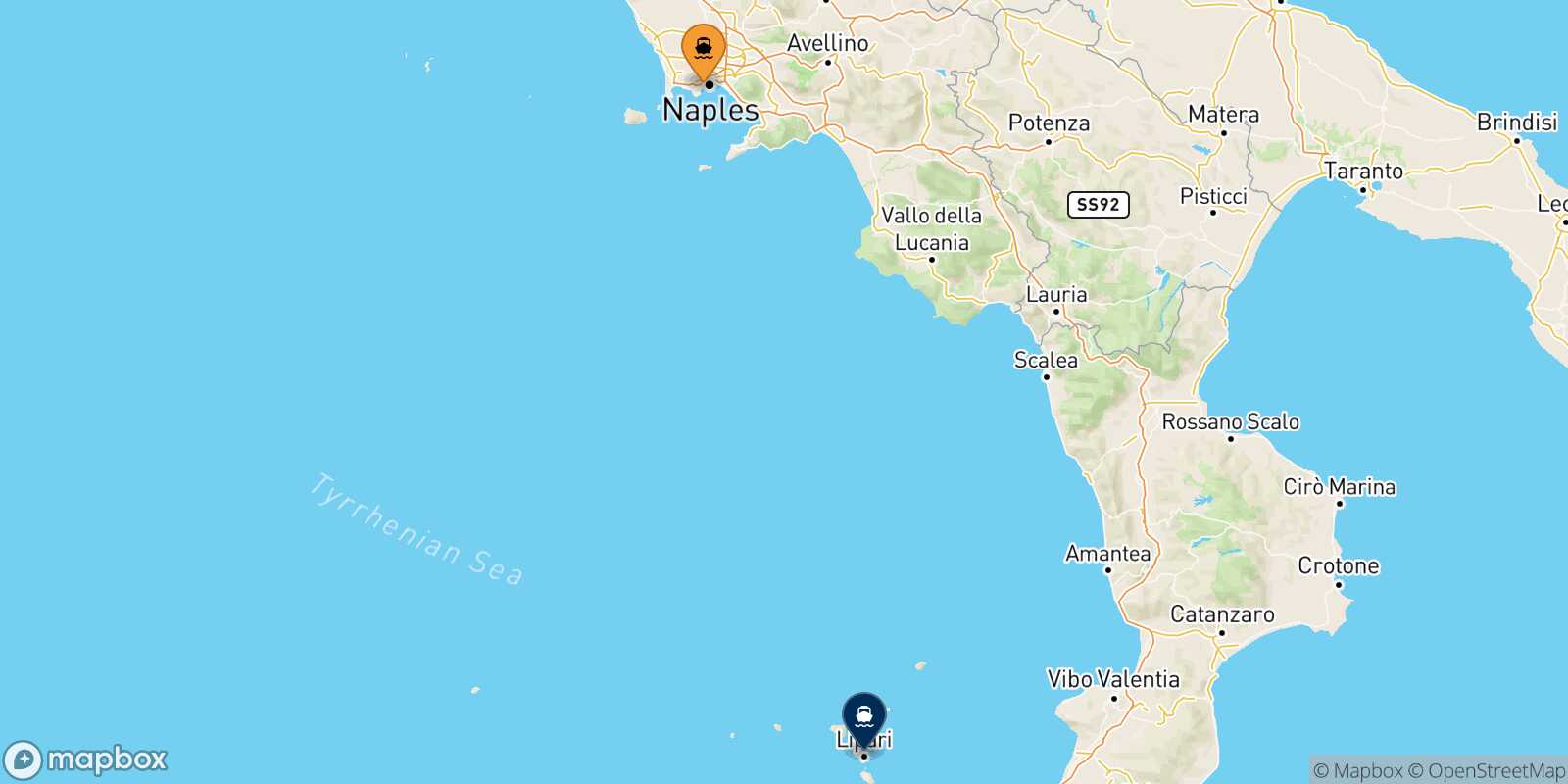 Mapa de la ruta Nápoles Mergellina Lipari