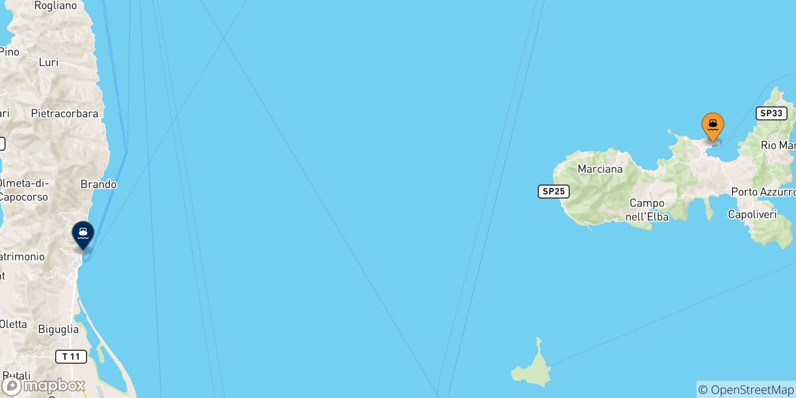 Mapa de las posibles rutas entre Isla De Elba y  Bastia