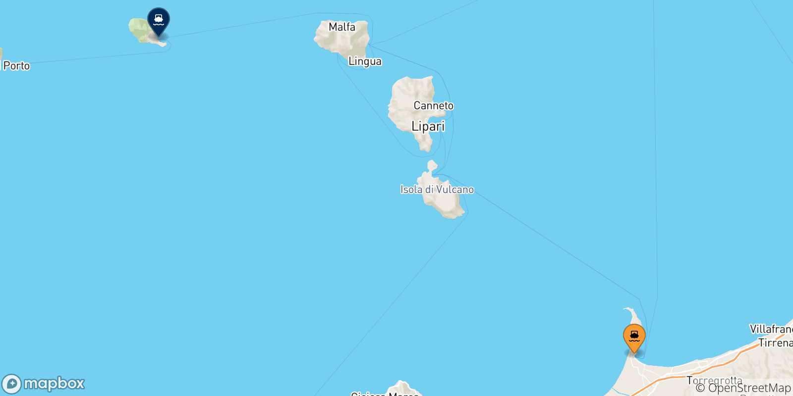Mapa de las posibles rutas entre Sicilia y  Filicudi