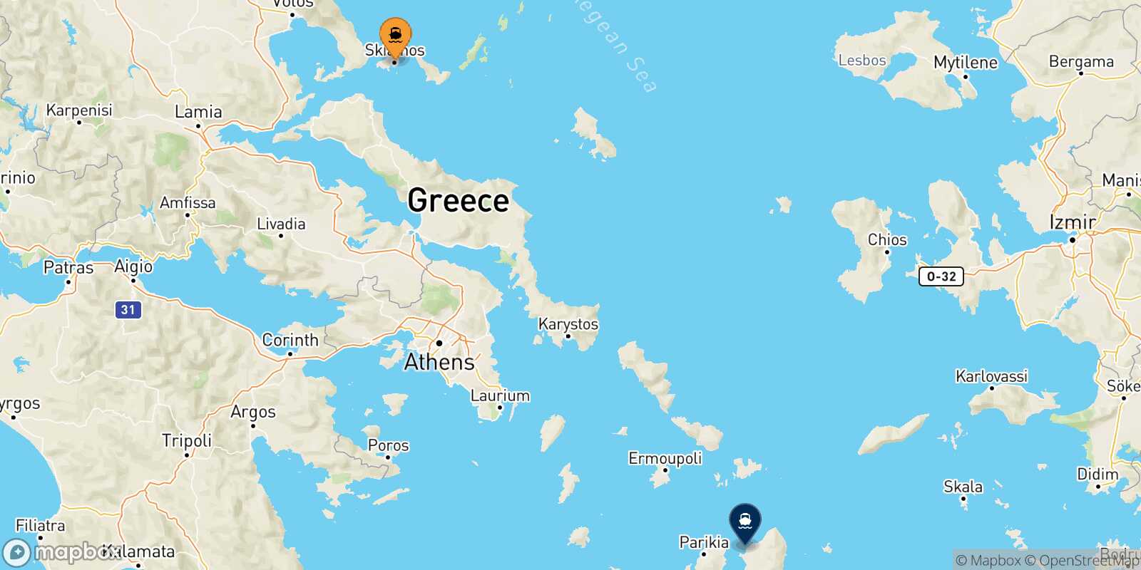 Mapa de los puertos conectados con  Naxos