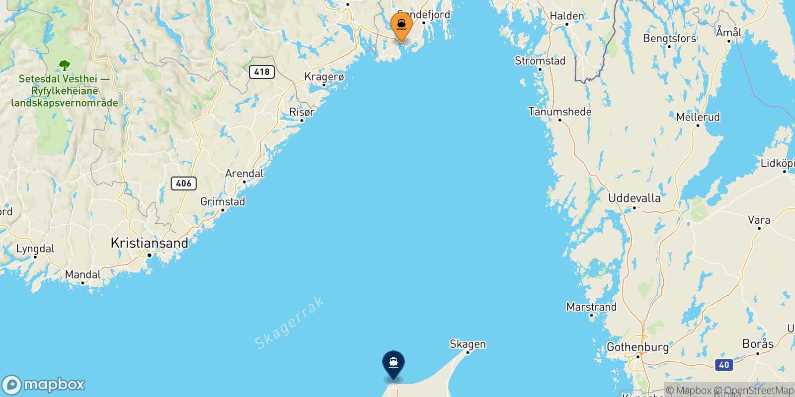 Mapa de la ruta Larvik Hirtshals