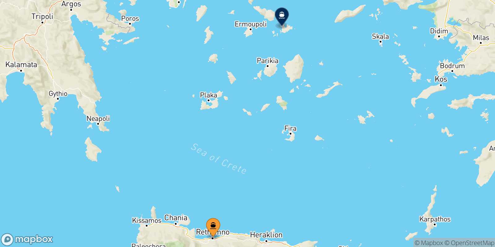 Mapa de la ruta Rethimno Mykonos
