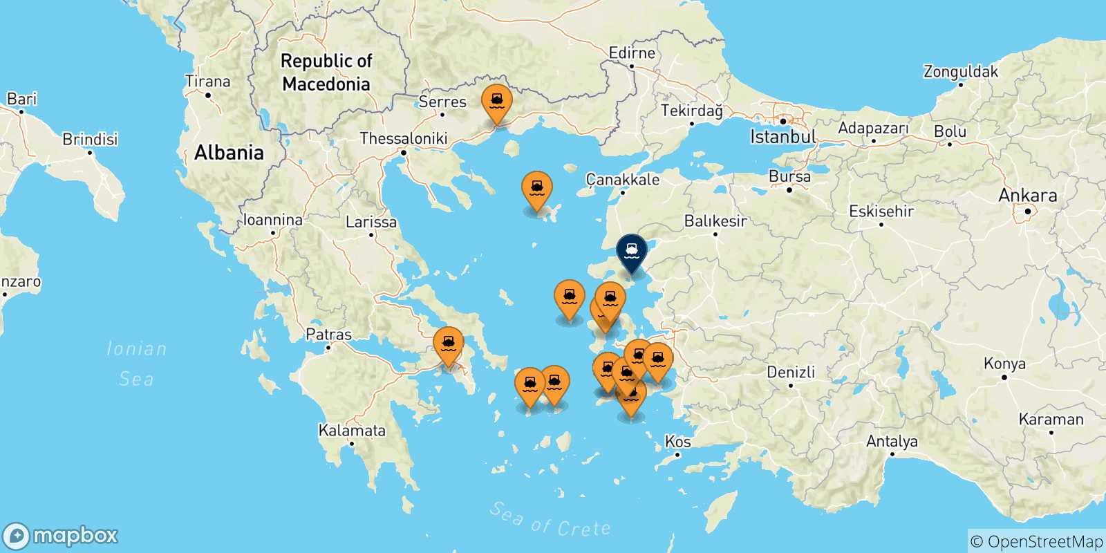 Mapa de las posibles rutas entre Grecia y  Mytilene (Lesvos)