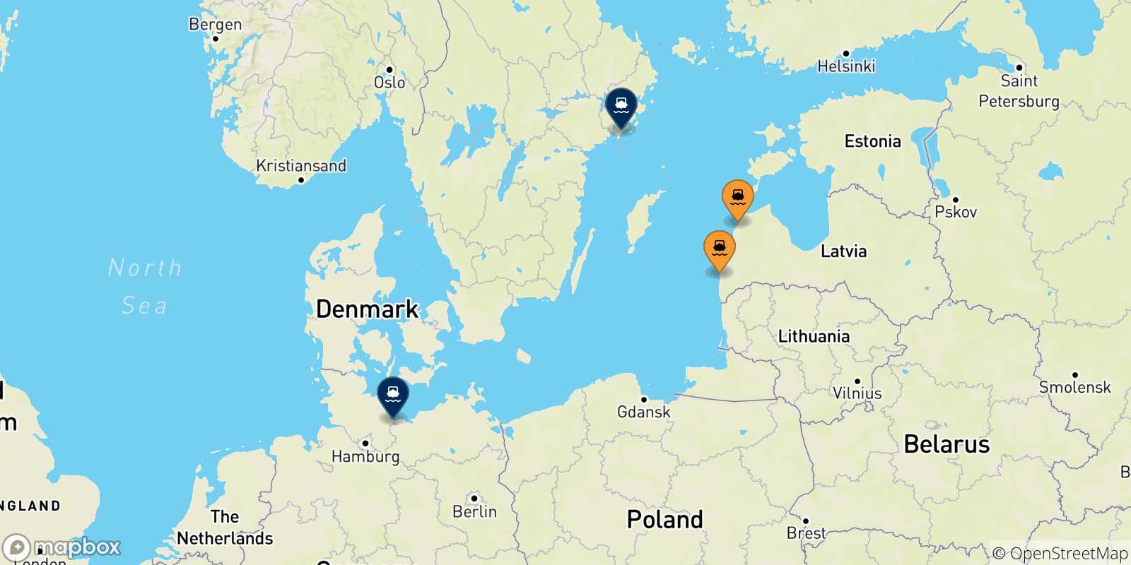 Mapa de los destinos alcanzables de Letonia