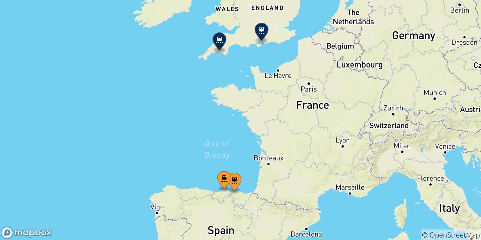 Mapa de las posibles rutas entre España y  Reino Unido