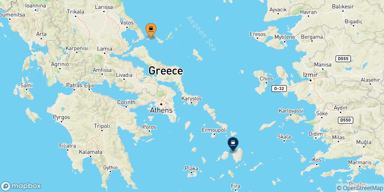 Mapa de las posibles rutas entre Islas Espóradas y  Naxos