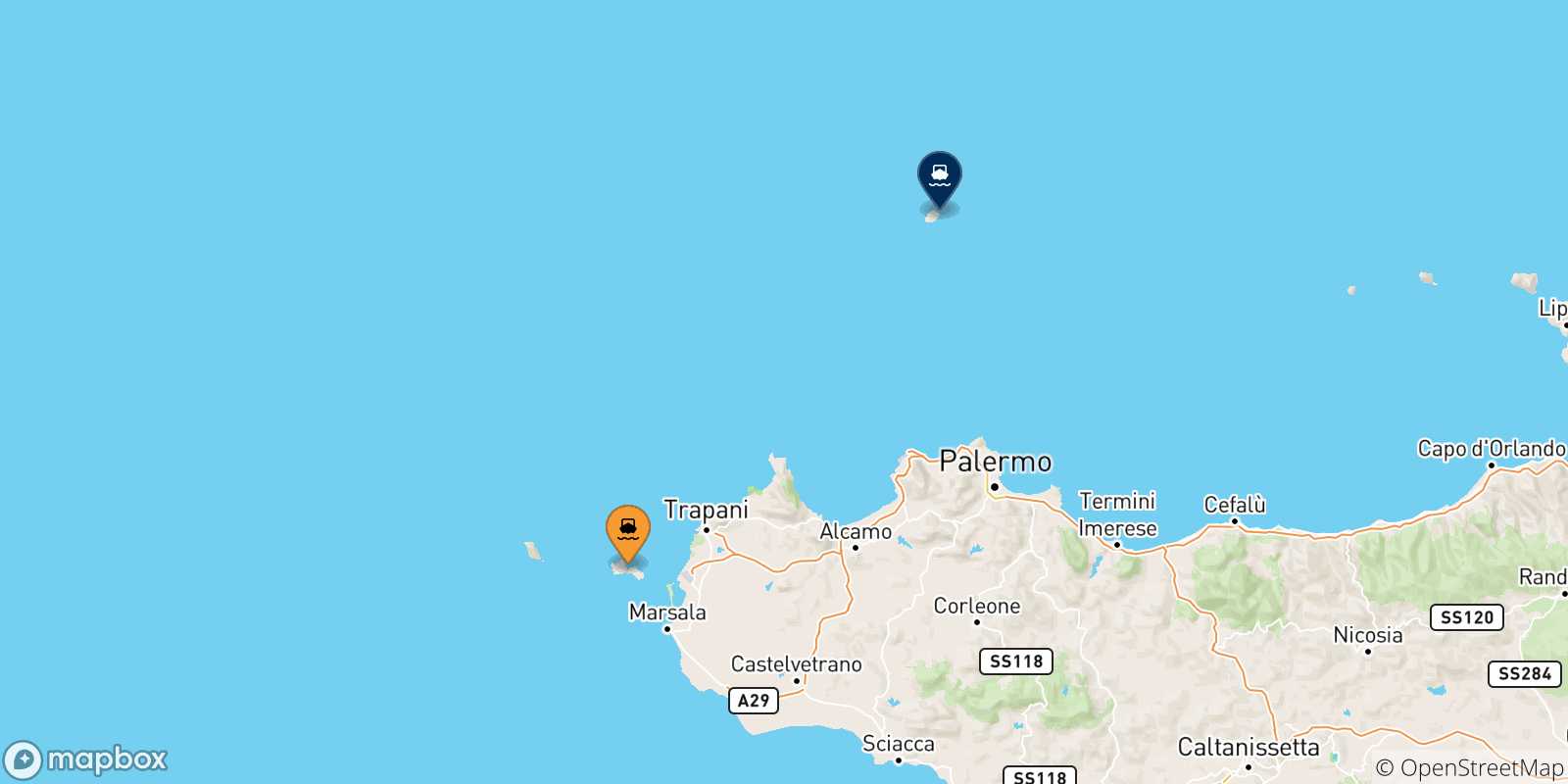 Mapa de las posibles rutas entre Islas Egadas y  La Isla De Ustica