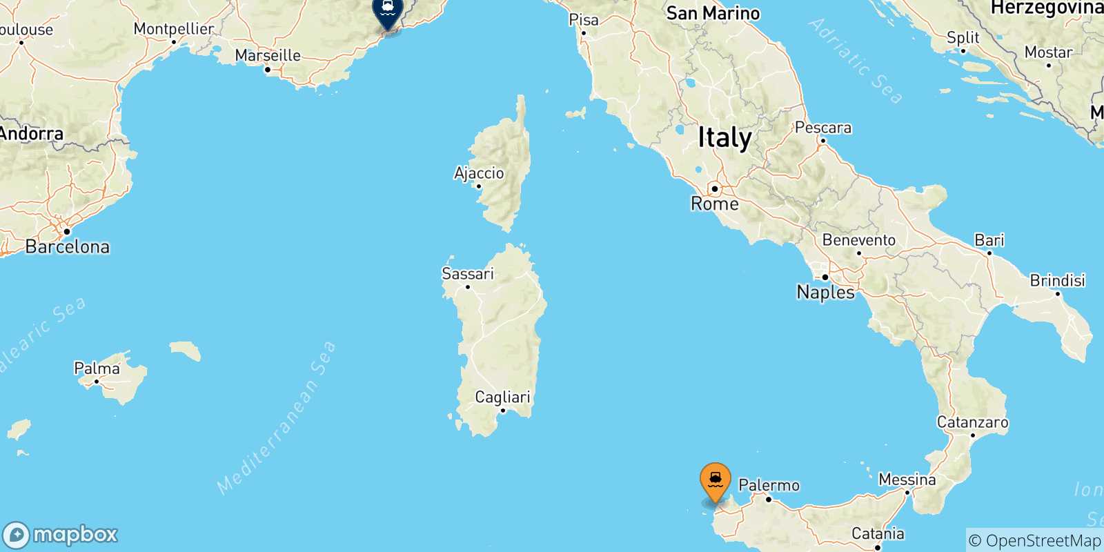 Mapa de las posibles rutas entre Sicilia y  Niza