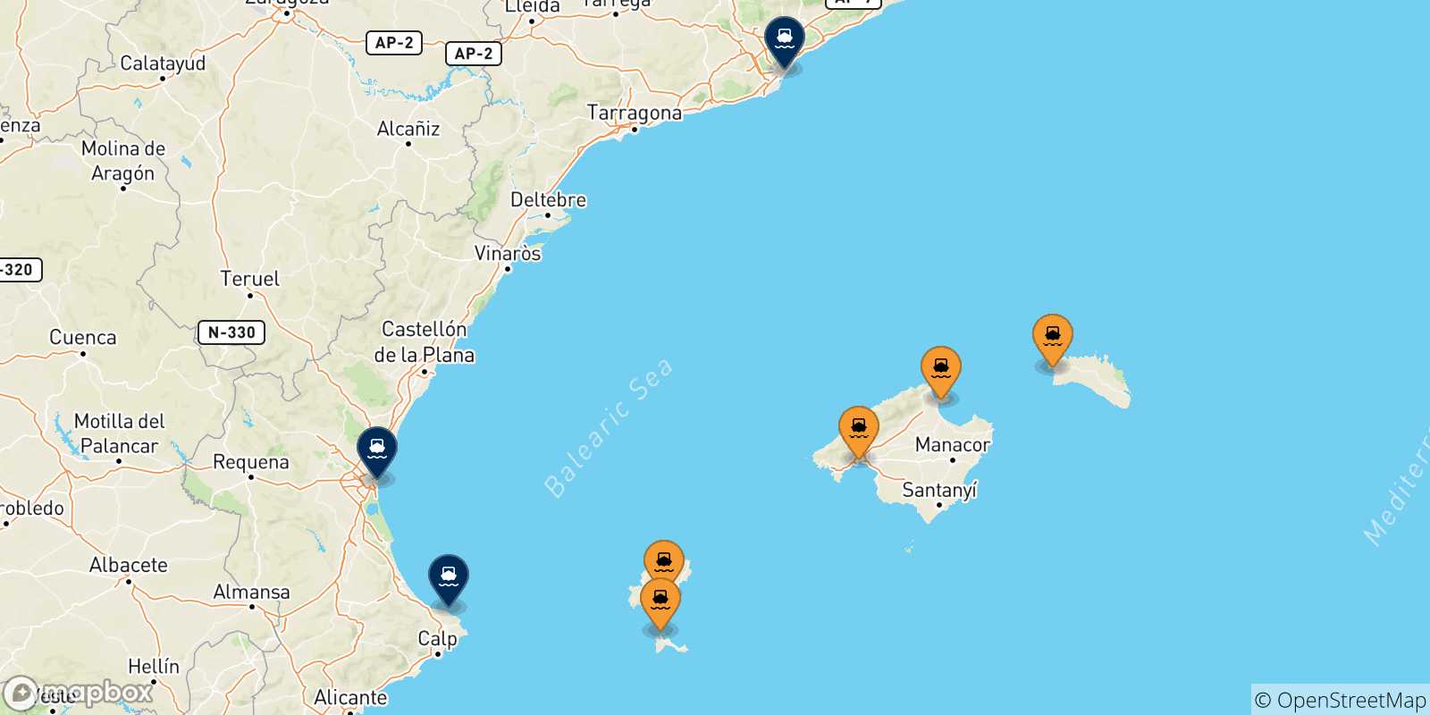 Mapa de las posibles rutas entre Islas Baleares y  España
