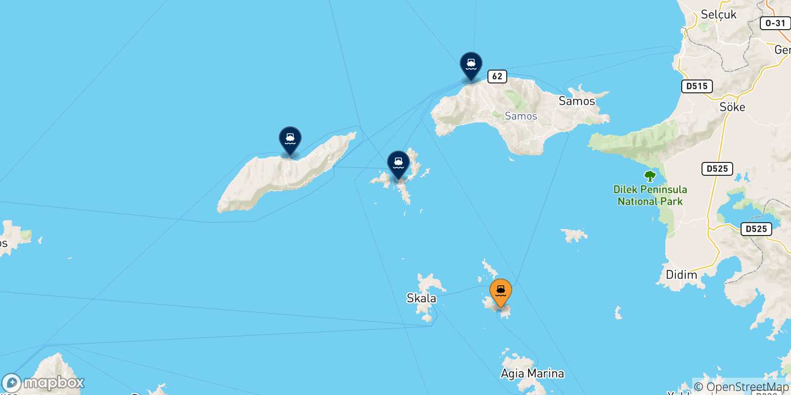 Mapa de las posibles rutas entre Lipsi y  Islas Del Egeo