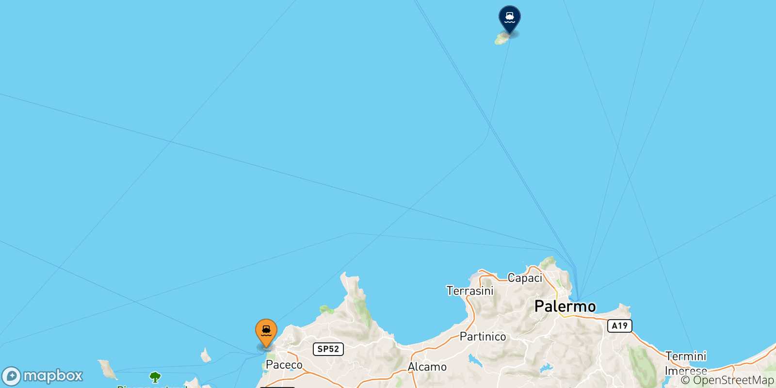 Mapa de las posibles rutas entre Trapani y  La Isla De Ustica