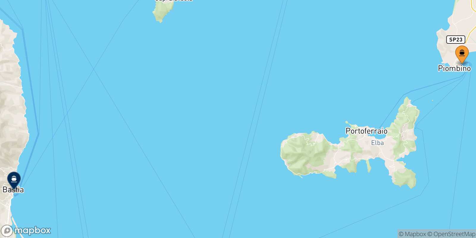 Mapa de la ruta Piombino Bastia