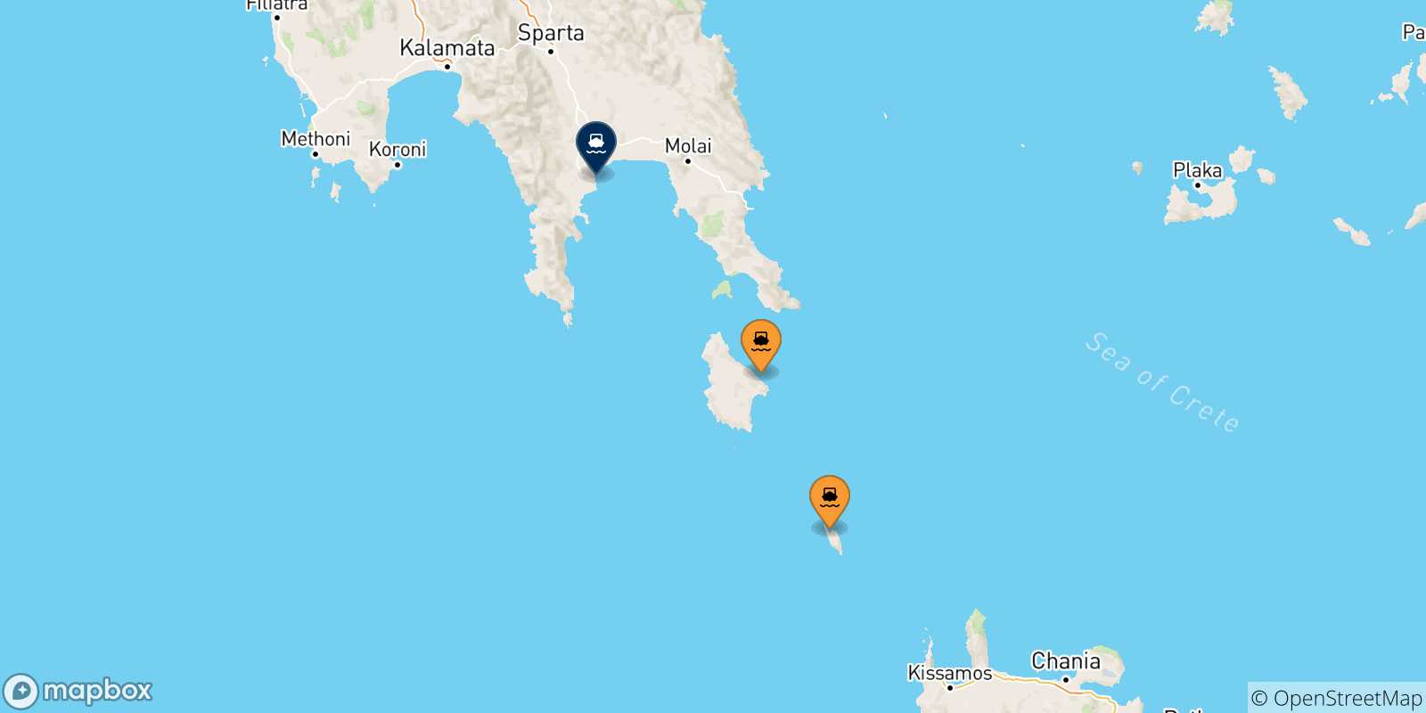Mapa de las posibles rutas entre Islas Jonicas y  Gythio