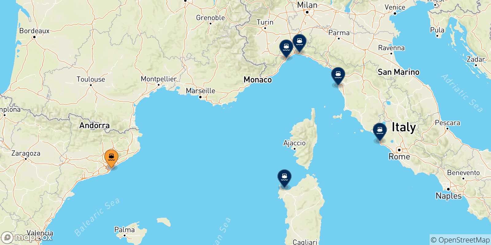 Mapa de las posibles rutas entre España y  Italia