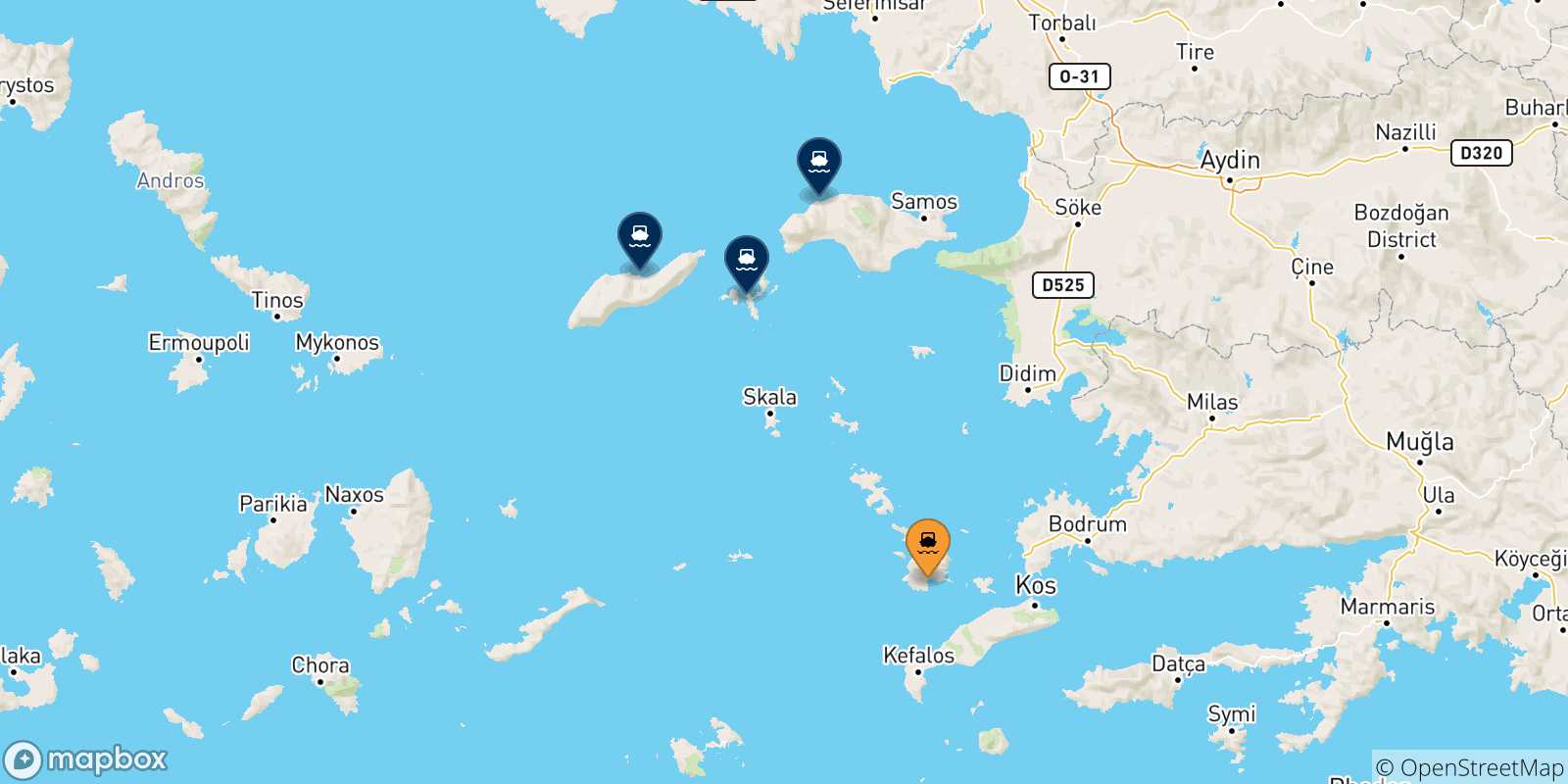 Mapa de las posibles rutas entre Kalymnos y  Islas Del Egeo