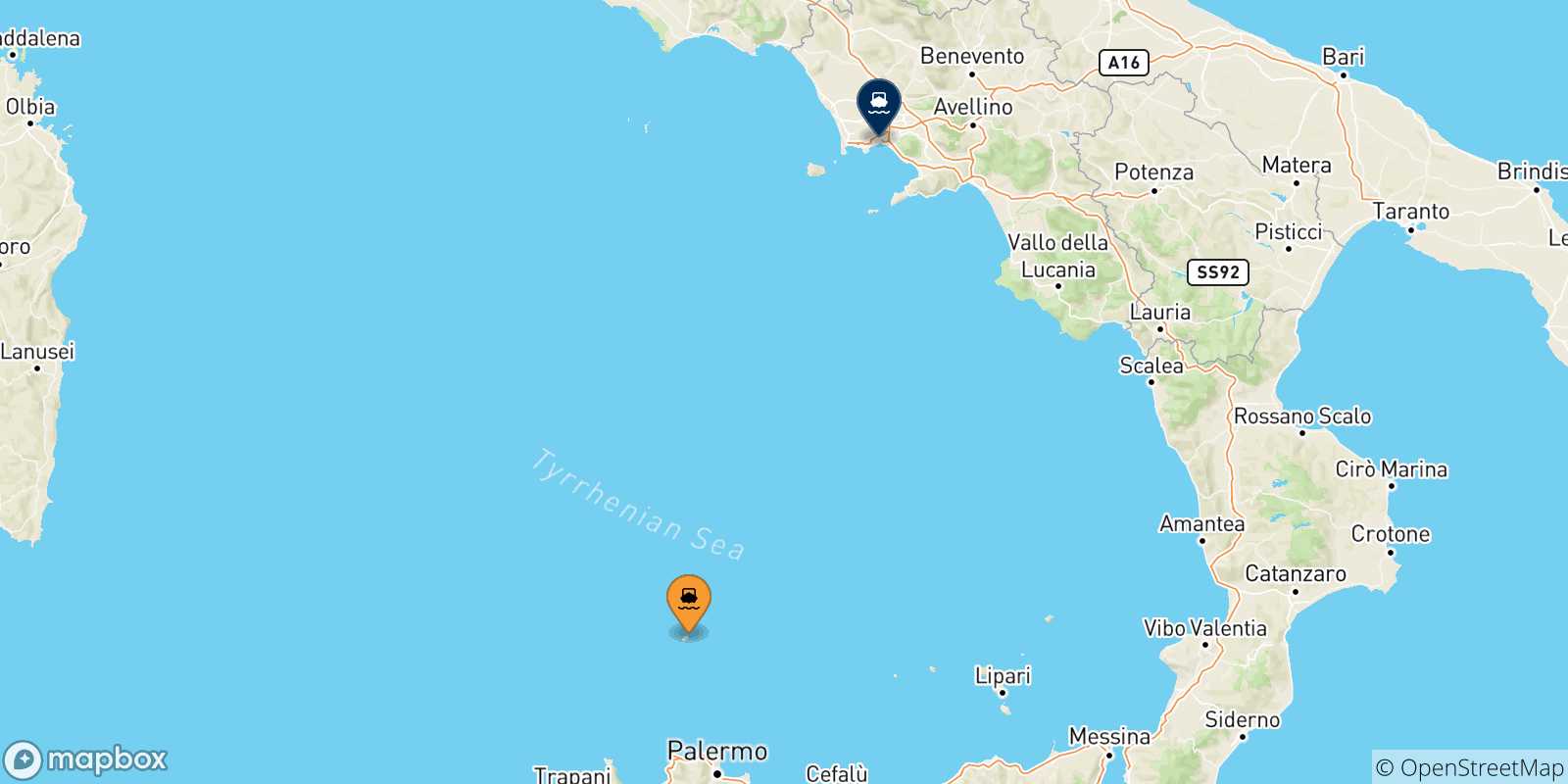 Mapa de las posibles rutas entre La Isla De Ustica y  Nápoles Beverello