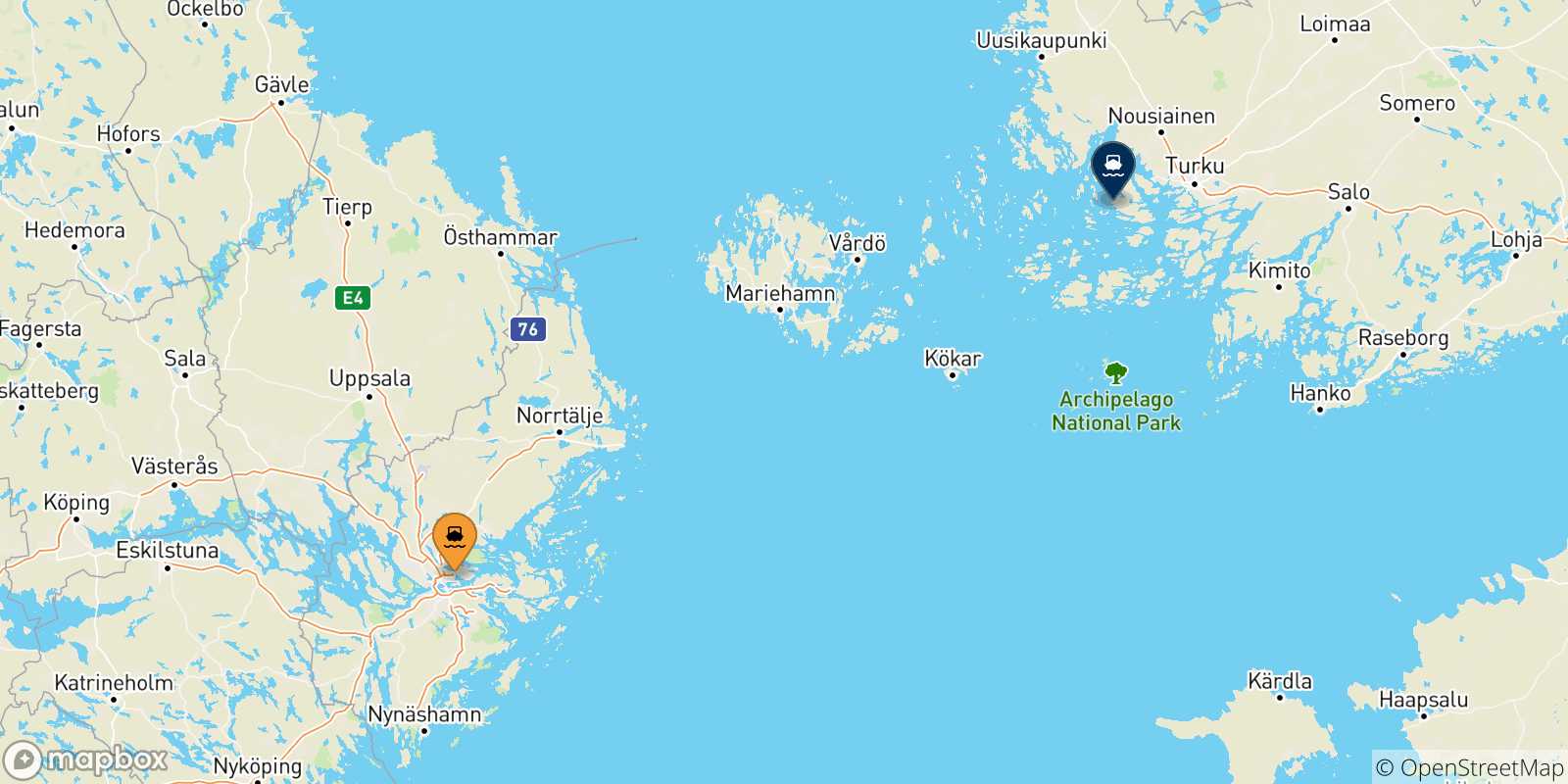 Mapa de las posibles rutas entre Suecia y  Turku