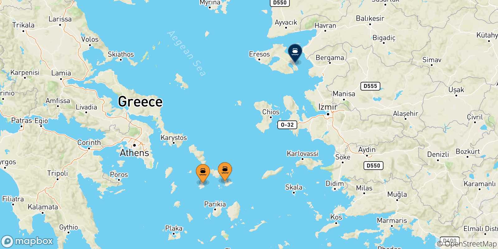 Mapa de las posibles rutas entre Las Cicladas y  Mytilene (Lesvos)