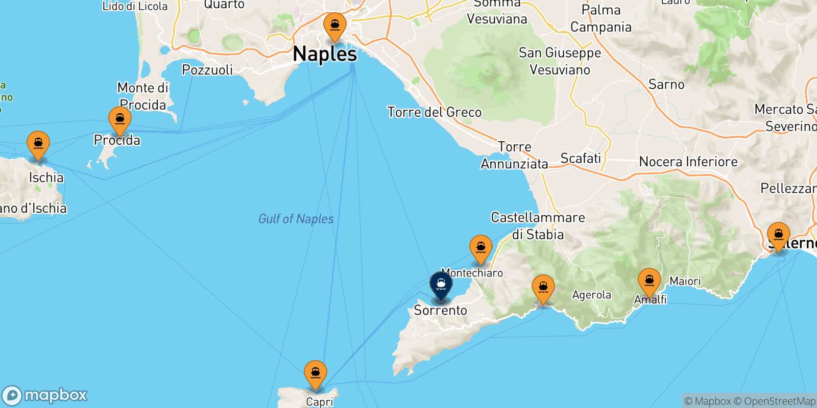 Mapa de los puertos conectados con  Sorrento