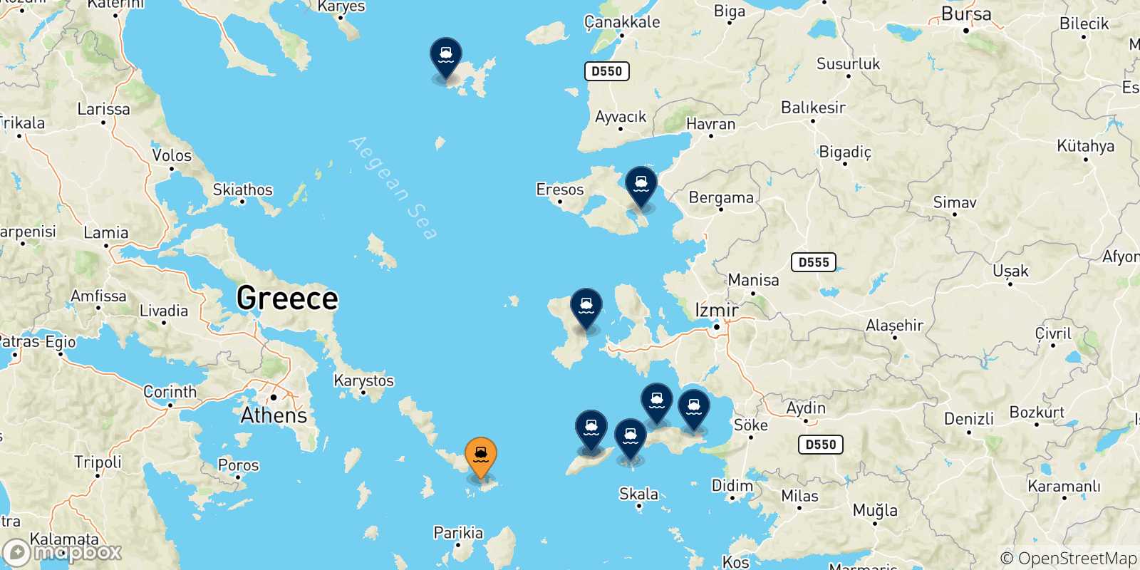 Mapa de las posibles rutas entre Mykonos y  Islas Del Egeo