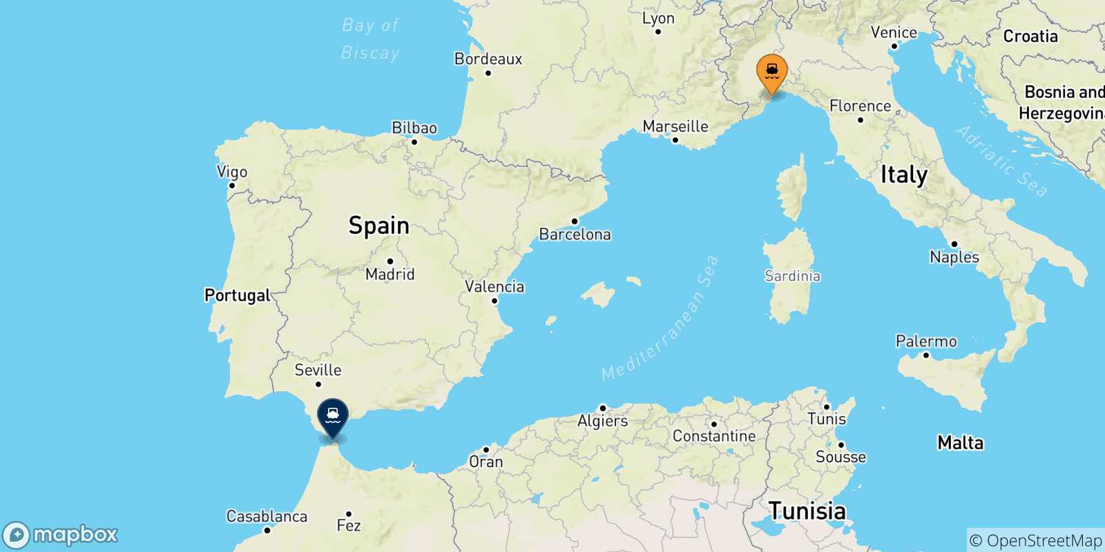 Mapa de las posibles rutas entre Savona y  Marruecos