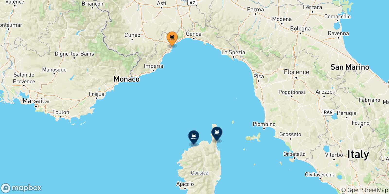Mapa de las posibles rutas entre Savona y  Córcega