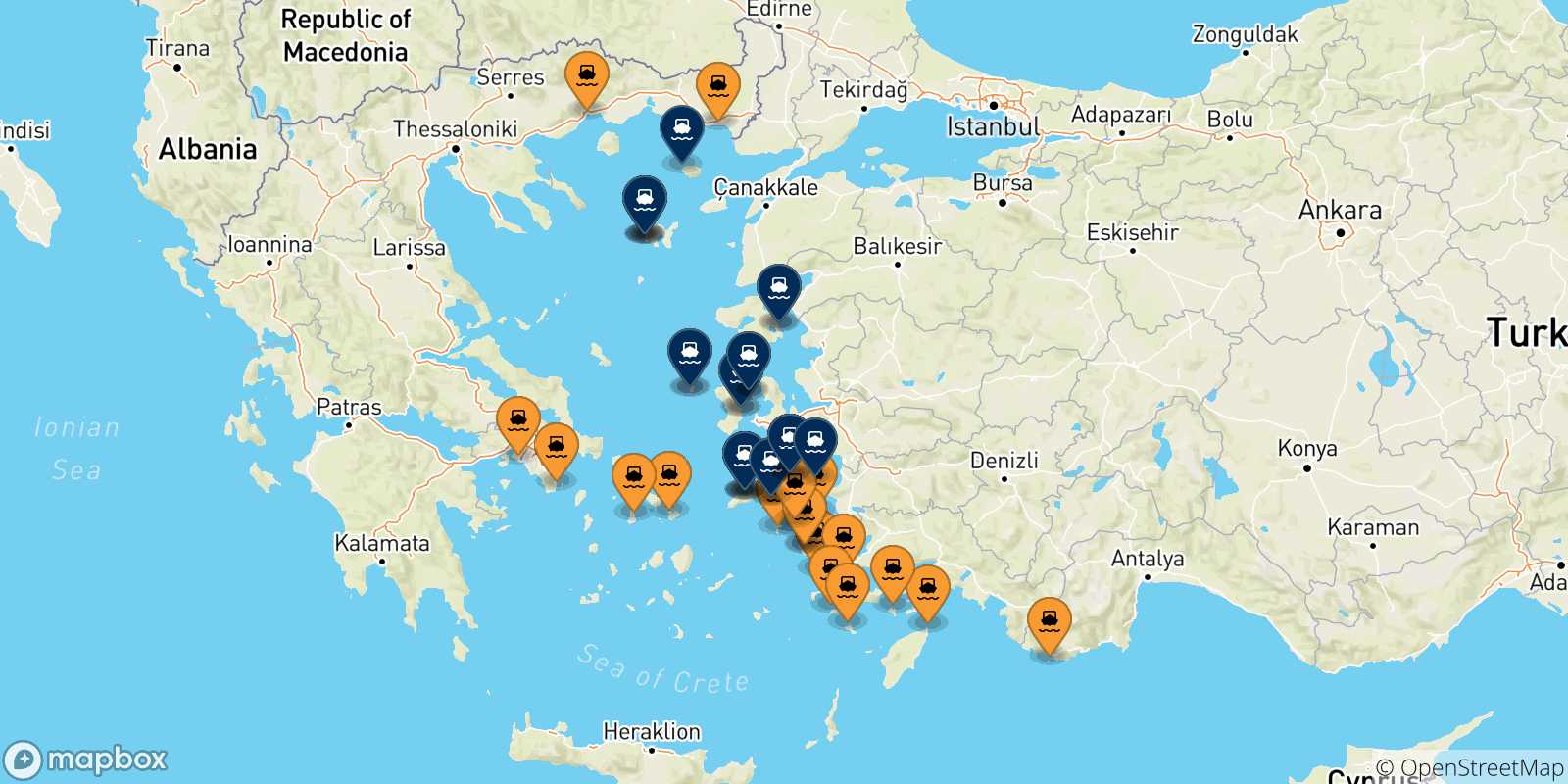 Mapa de las posibles rutas entre Grecia y  Islas Del Egeo