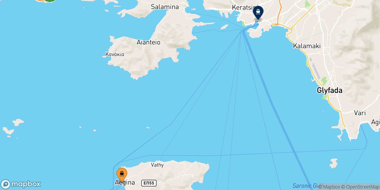 Mapa de la ruta Aegina El Pireo