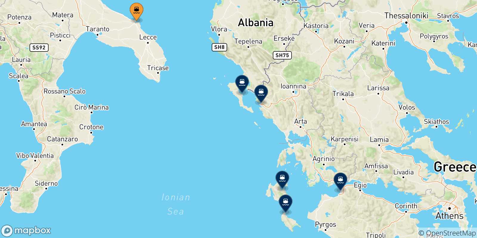 Mapa de las posibles rutas entre Brindisi y  Grecia