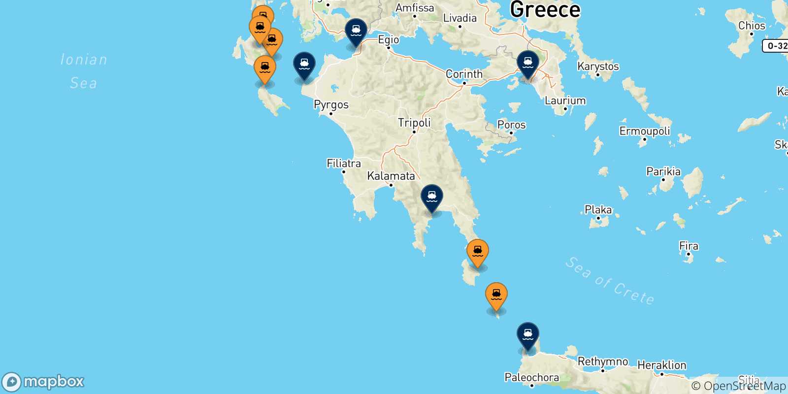 Mapa de las posibles rutas entre Islas Jonicas y  Grecia