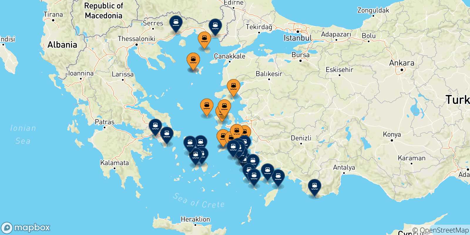 Mapa de las posibles rutas entre Islas Del Egeo y  Grecia