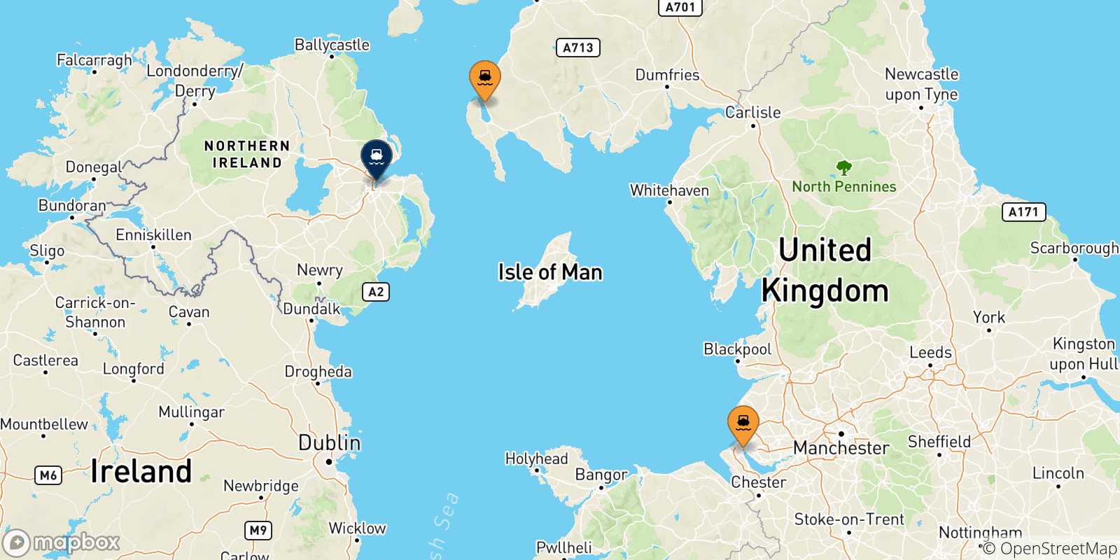 Mapa de las posibles rutas entre Reino Unido y  Irlanda Del Norte