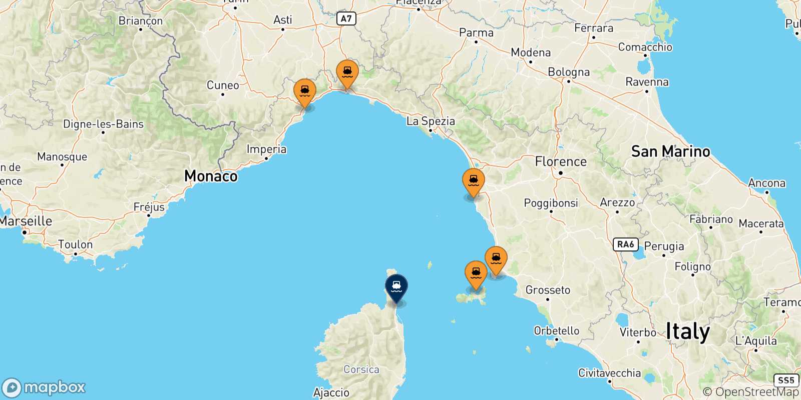 Mapa de las posibles rutas entre Italia y  Bastia