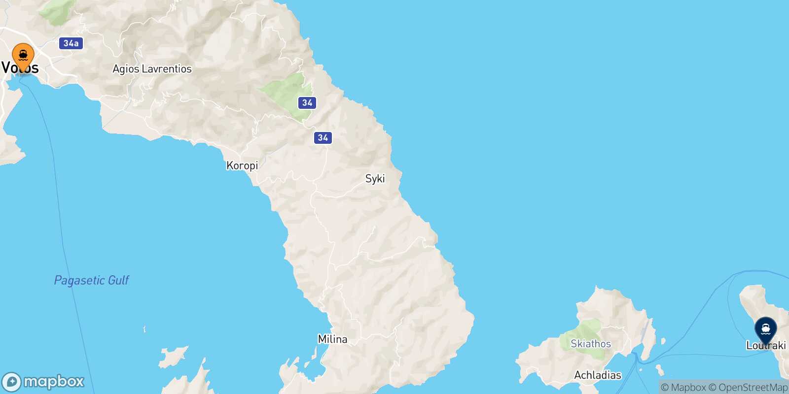 Mapa de la ruta Volos Agnontas (Skopelos)