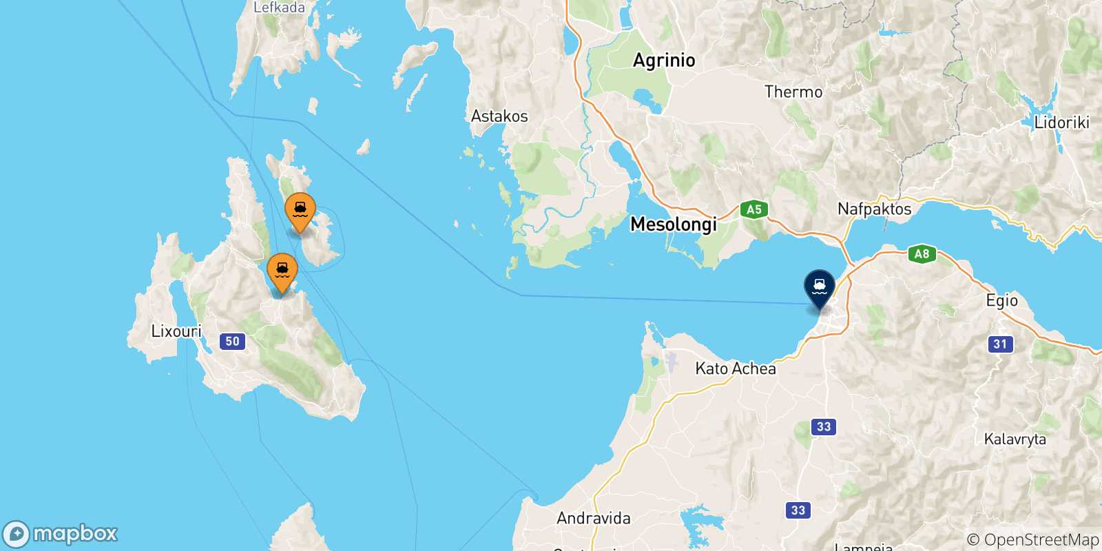 Mapa de las posibles rutas entre Islas Jonicas y  Patras