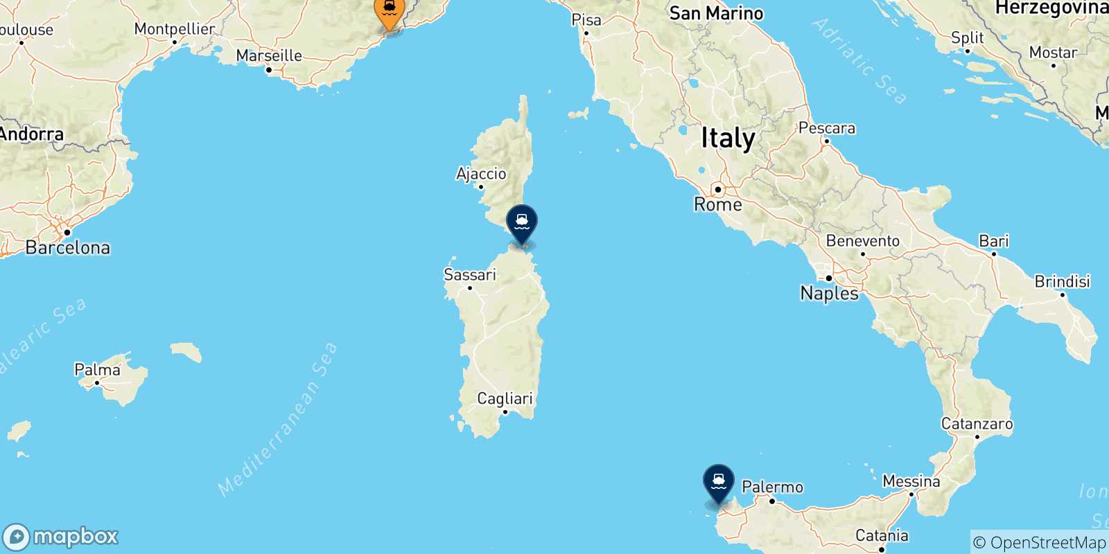 Mapa de las posibles rutas entre Niza y  Italia