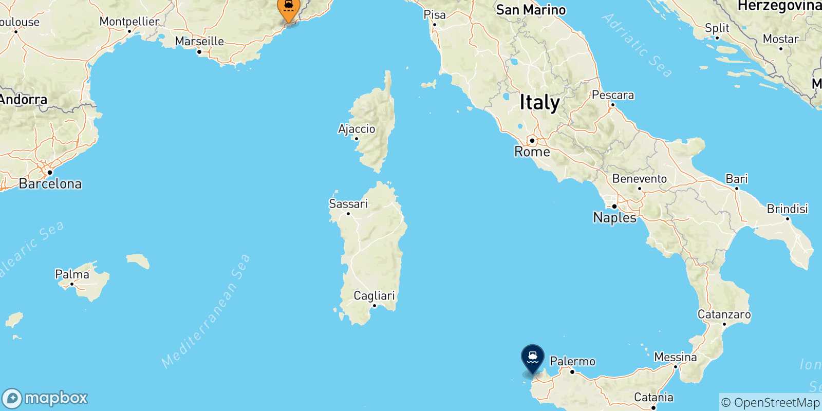 Mapa de las posibles rutas entre Niza y  Sicilia