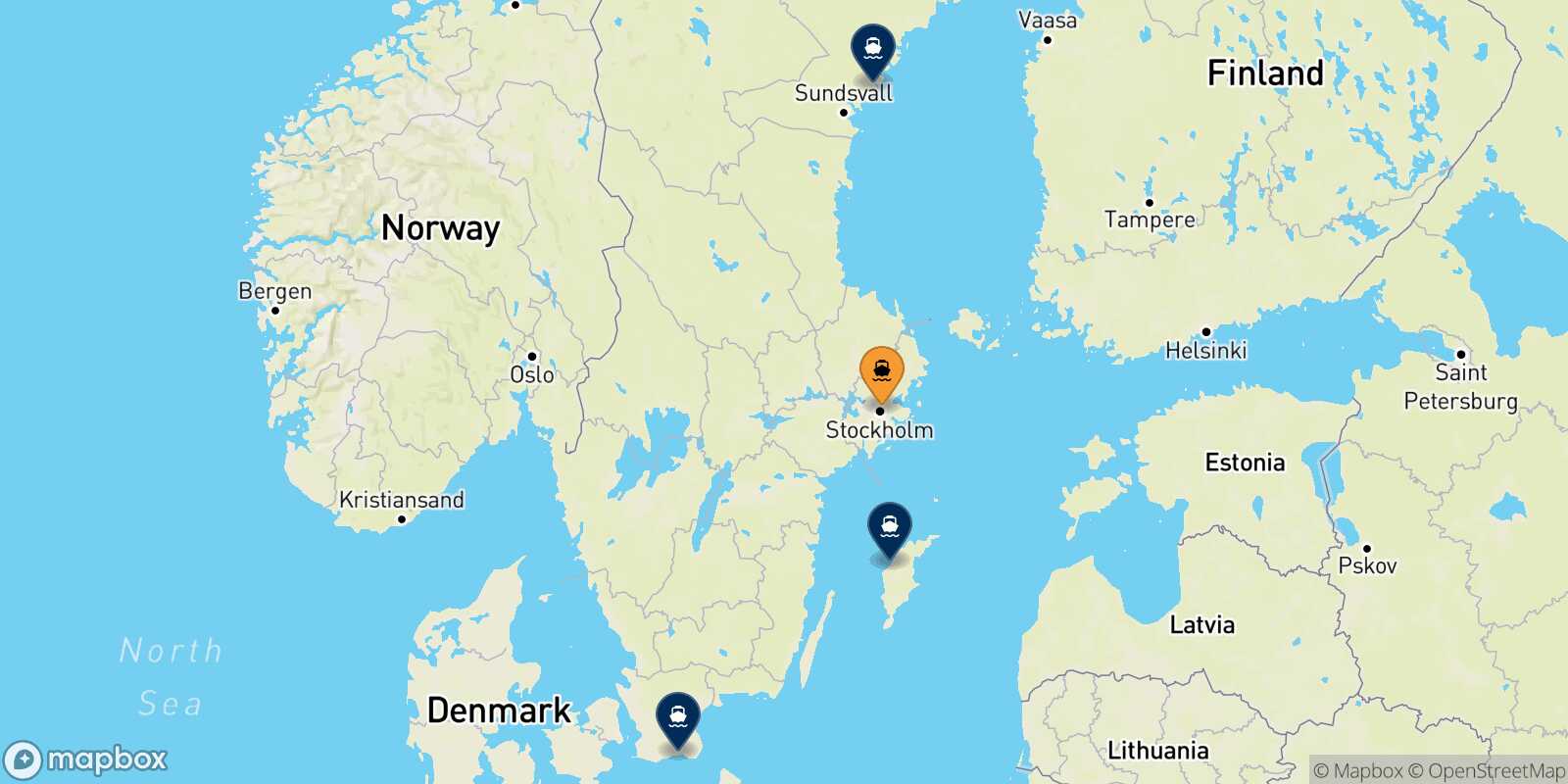 Mapa de los destinos alcanzables de Estocolmo
