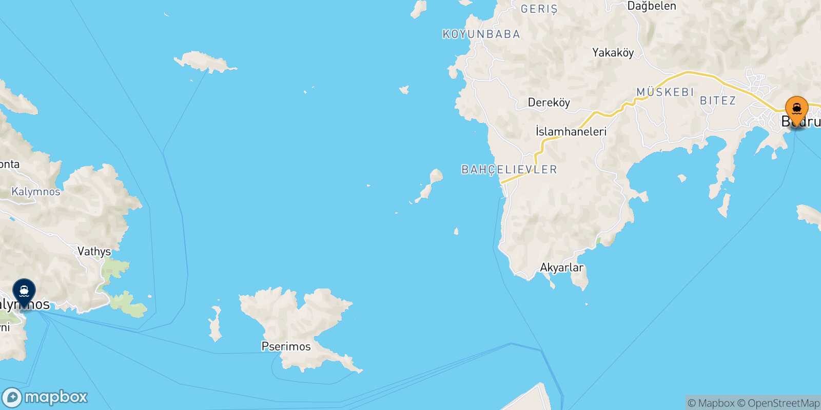 Mapa de los puertos conectados con  Kalymnos