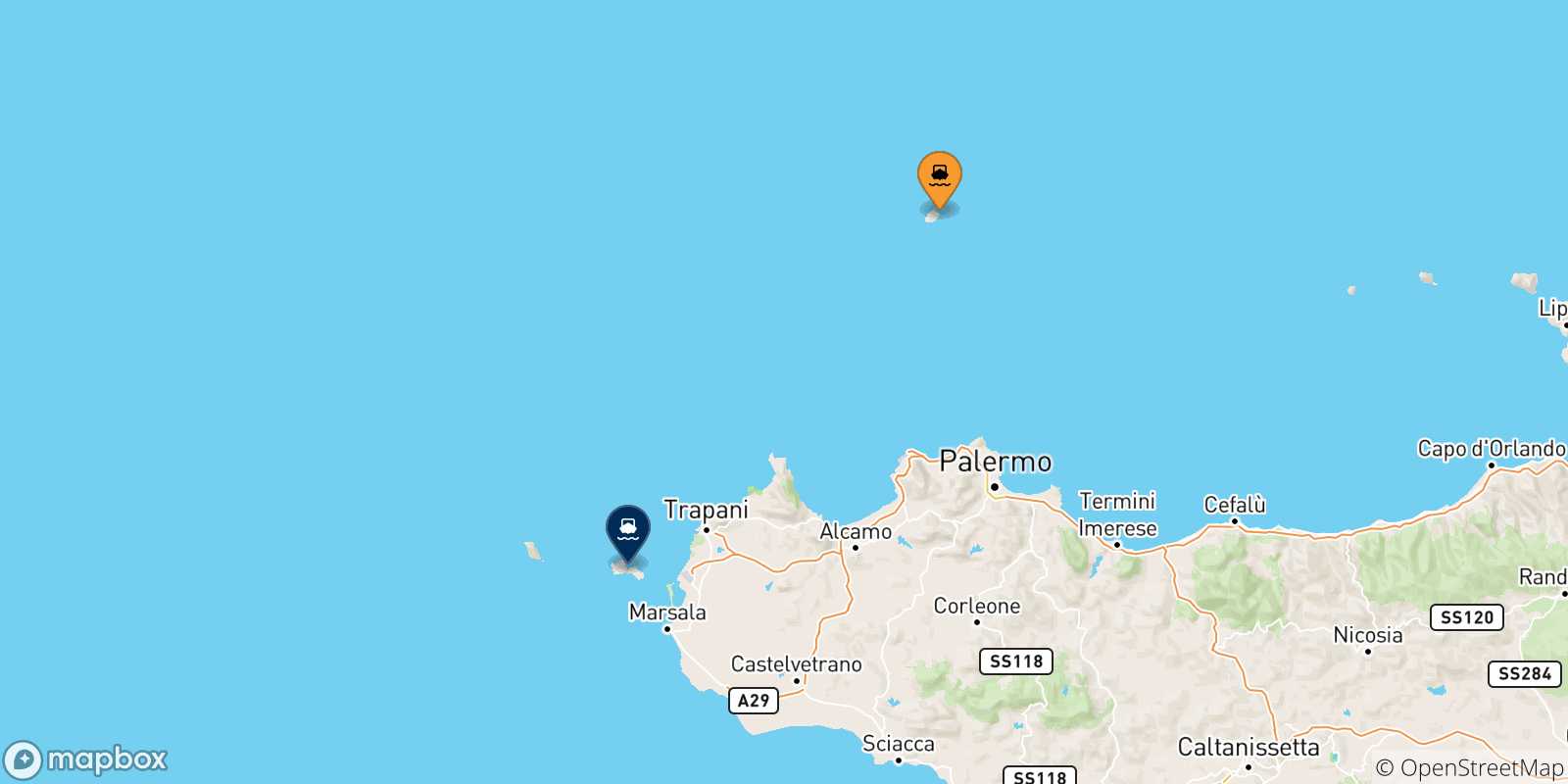 Mapa de las posibles rutas entre La Isla De Ustica y  Favignana