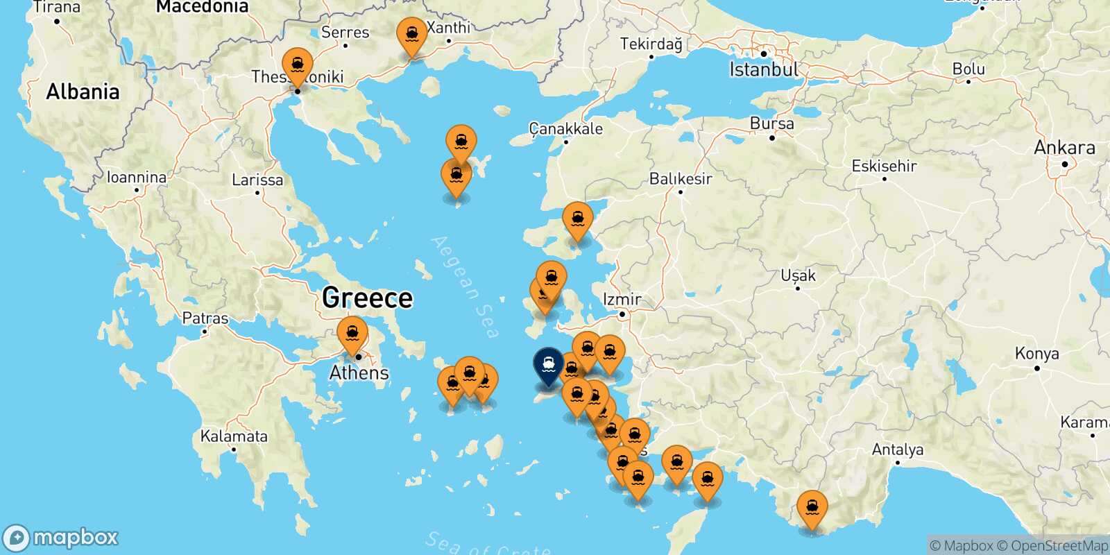 Mapa de los puertos conectados con  Agios Kirikos (Ikaria)