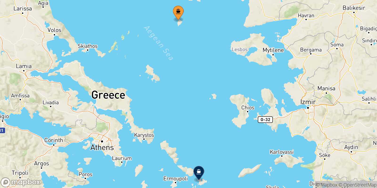 Mapa de la ruta Agios Efstratios Mykonos