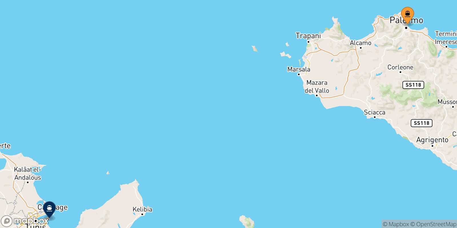 Mapa de la ruta Palermo Túnez