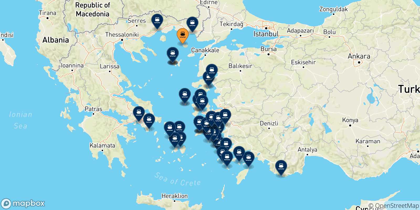 Mapa de los destinos alcanzables de Islas Del Egeo